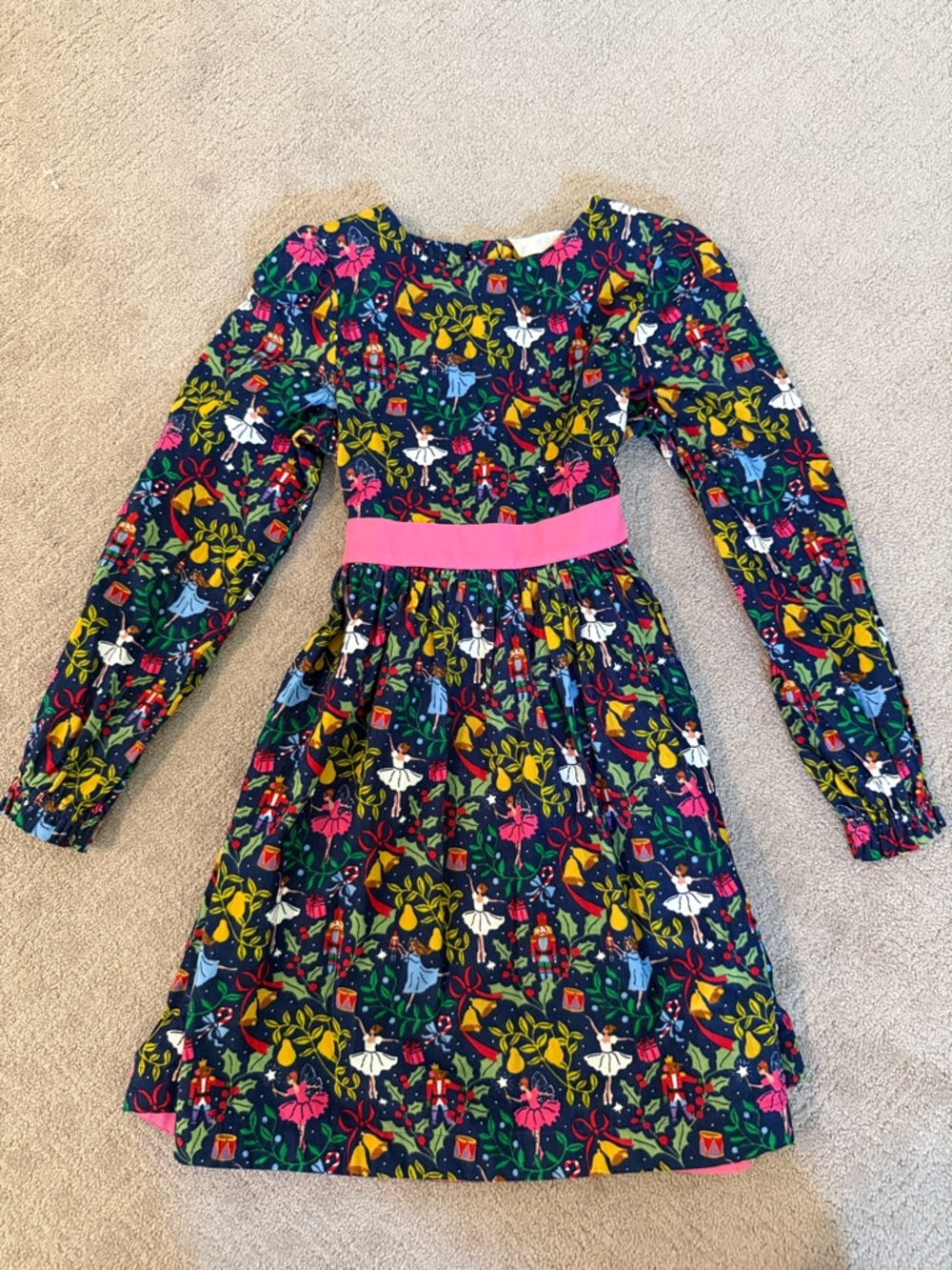Girls' Navy Floral & Ballet Print Dress with Pink Waistband